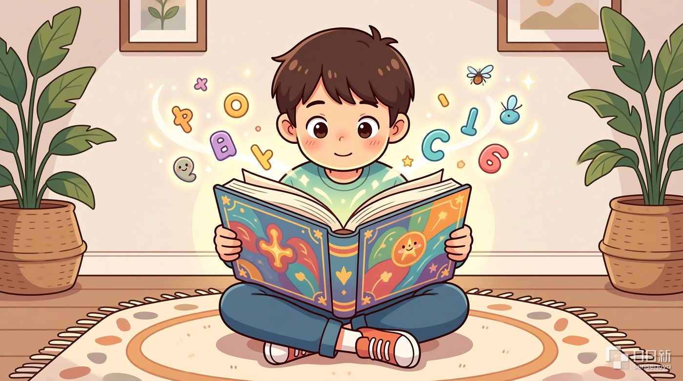 角落里的孩子盘腿读着一本大大的故事书,书里飘出星星一样的想象,阅读的种子正在发芽